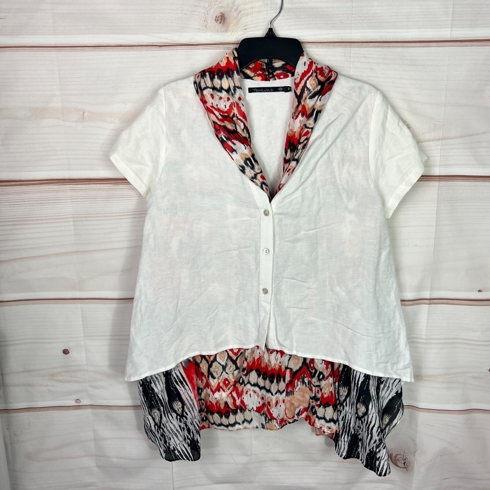Tara Vao Top‎ Women M White Button Up Shirt Boxy Colorful Lined Artsy Collar